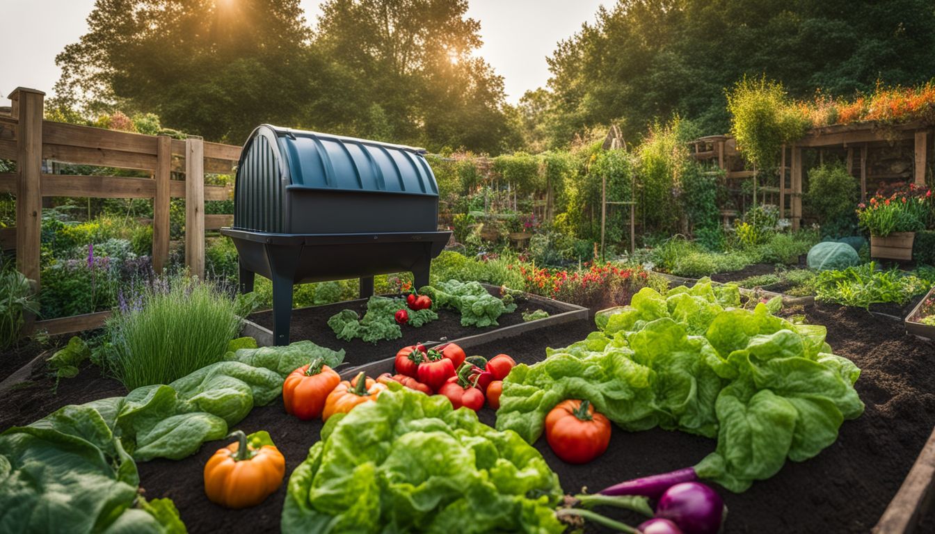 Een levendige moestuin met compostbak, gefotografeerd met een DSLR-camera. Een levendige moestuin met compostbak, gefotografeerd met een DSLR-camera.