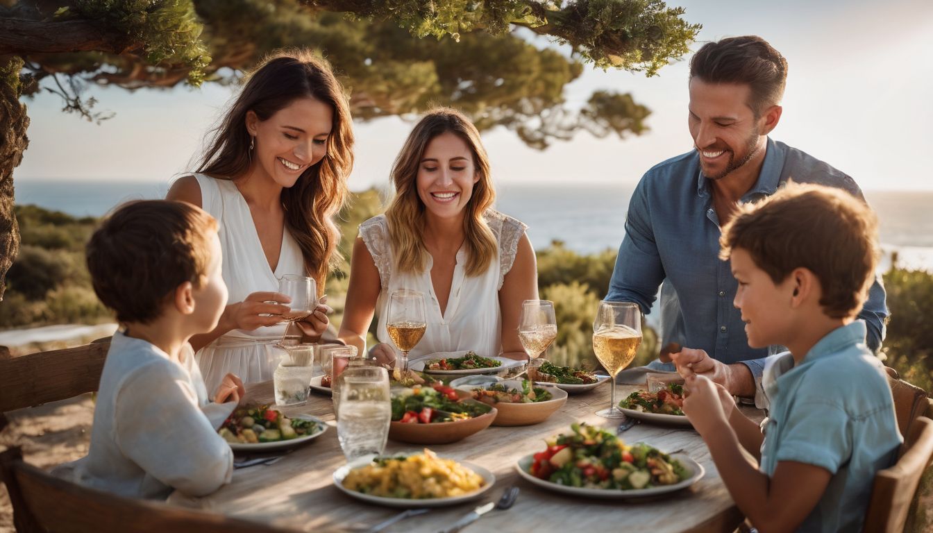 Een gezin geniet van een gezonde mediterrane maaltijd in een levendige buitenomgeving. Een gezin geniet van een gezonde mediterrane maaltijd in een levendige buitenomgeving.