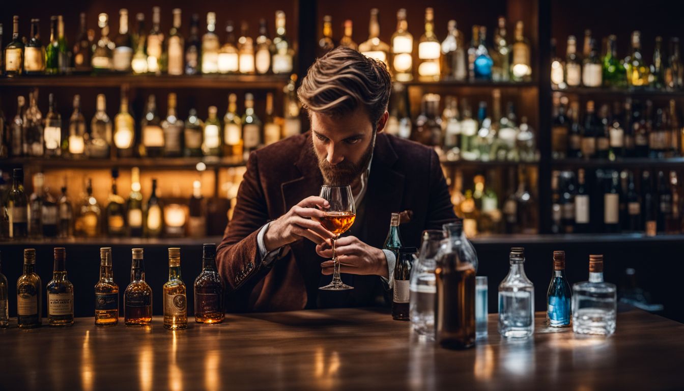 Een persoon staart contemplatief naar een glas alcohol omringd door lege flessen. Een persoon staart contemplatief naar een glas alcohol omringd door lege flessen.