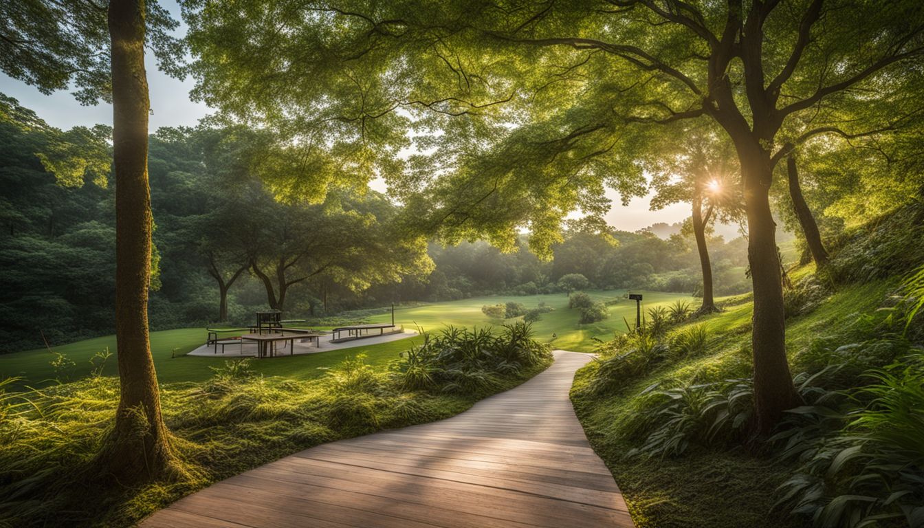 Een weelderig groen park met een kronkelend pad en oefenstations. Een weelderig groen park met een kronkelend pad en oefenstations.