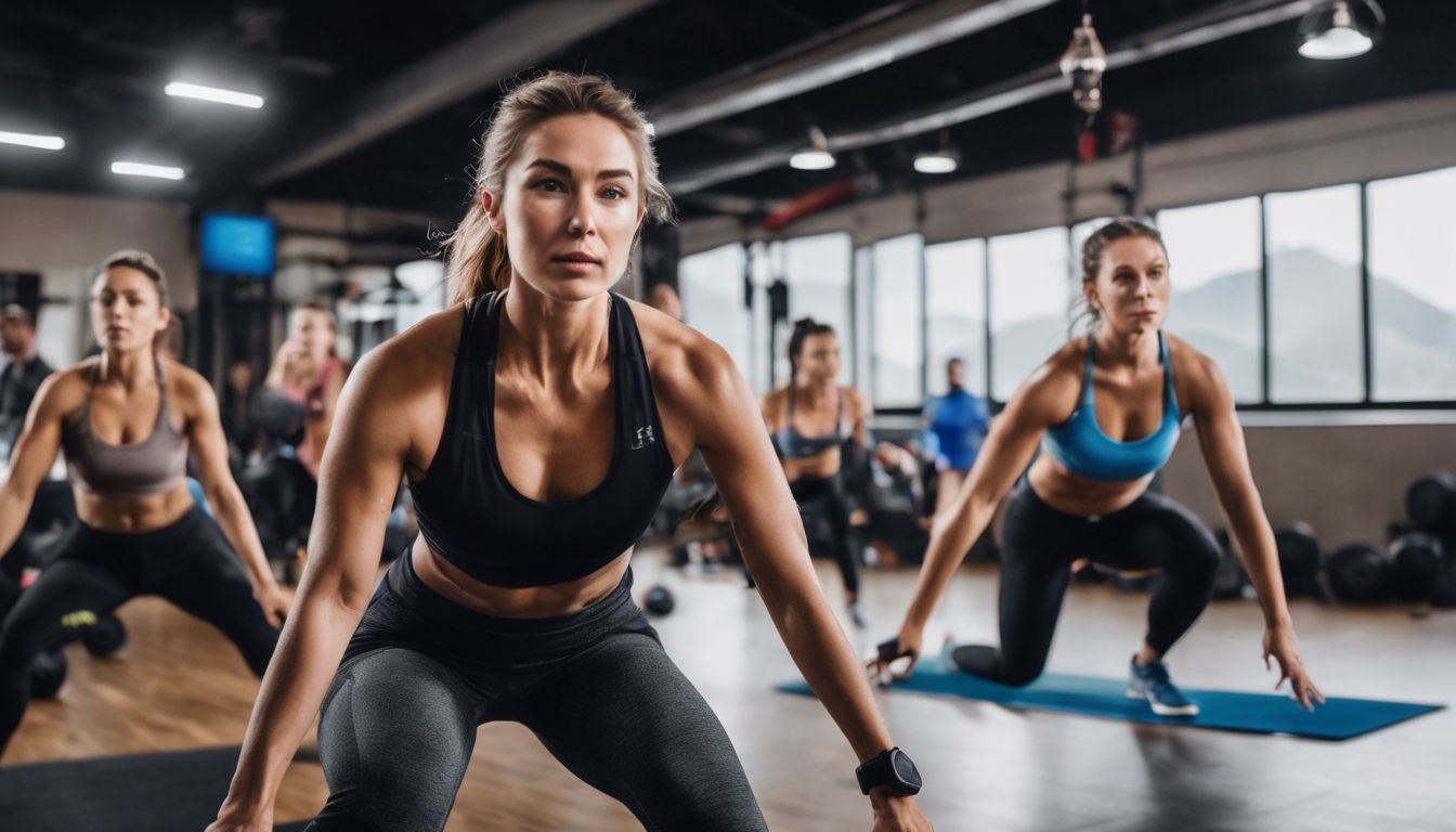 Een groep mensen doet een intensieve HIIT-training in een fitnessklas. Een groep mensen doet een intensieve HIIT-training in een fitnessklas.