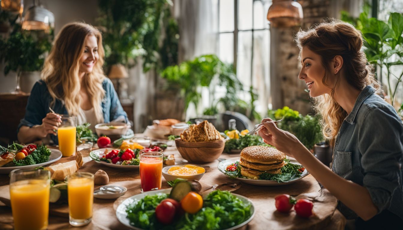 Een kleurrijke ontbijttafel met diverse groenten en planten, gefotografeerd met een professionele camera. Een kleurrijke ontbijttafel met diverse groenten en planten, gefotografeerd met een professionele camera.