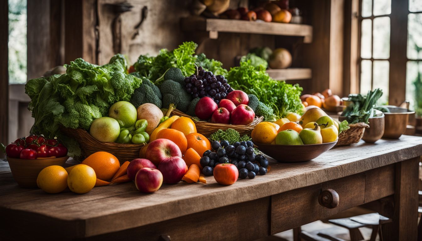 Een overvloed aan verse groenten en fruit op een houten tafel in een rustieke keuken. Een overvloed aan verse groenten en fruit op een houten tafel in een rustieke keuken.