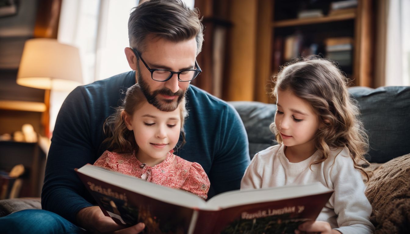 Een vader leest een verhaal voor aan zijn dochter in een gezellige, boekenrijke kamer. Een vader leest een verhaal voor aan zijn dochter in een gezellige, boekenrijke kamer.