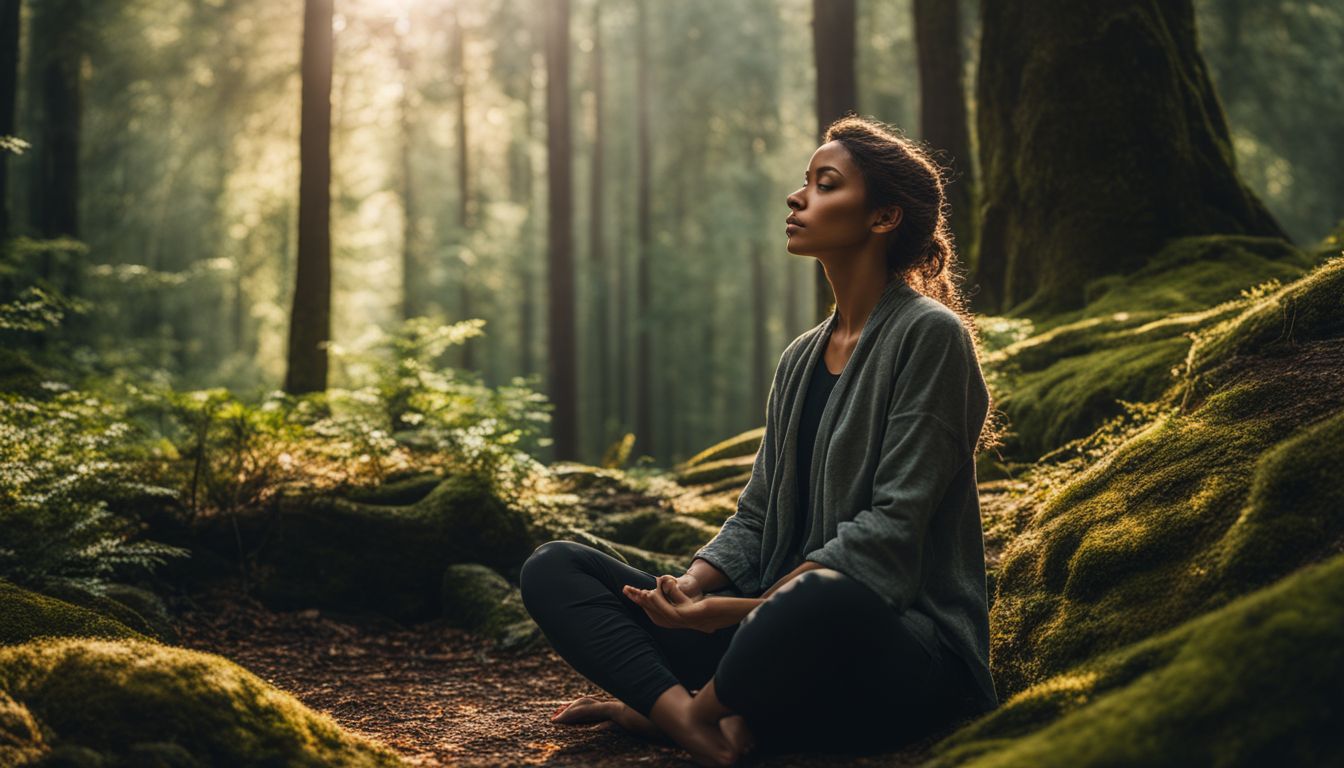 Een persoon mediteert in een rustig bos.