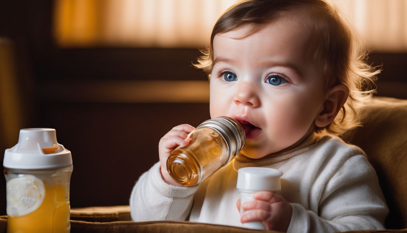 Een vredig drinkende baby in een gezellige kinderkamer. Een vredig drinkende baby in een gezellige kinderkamer.