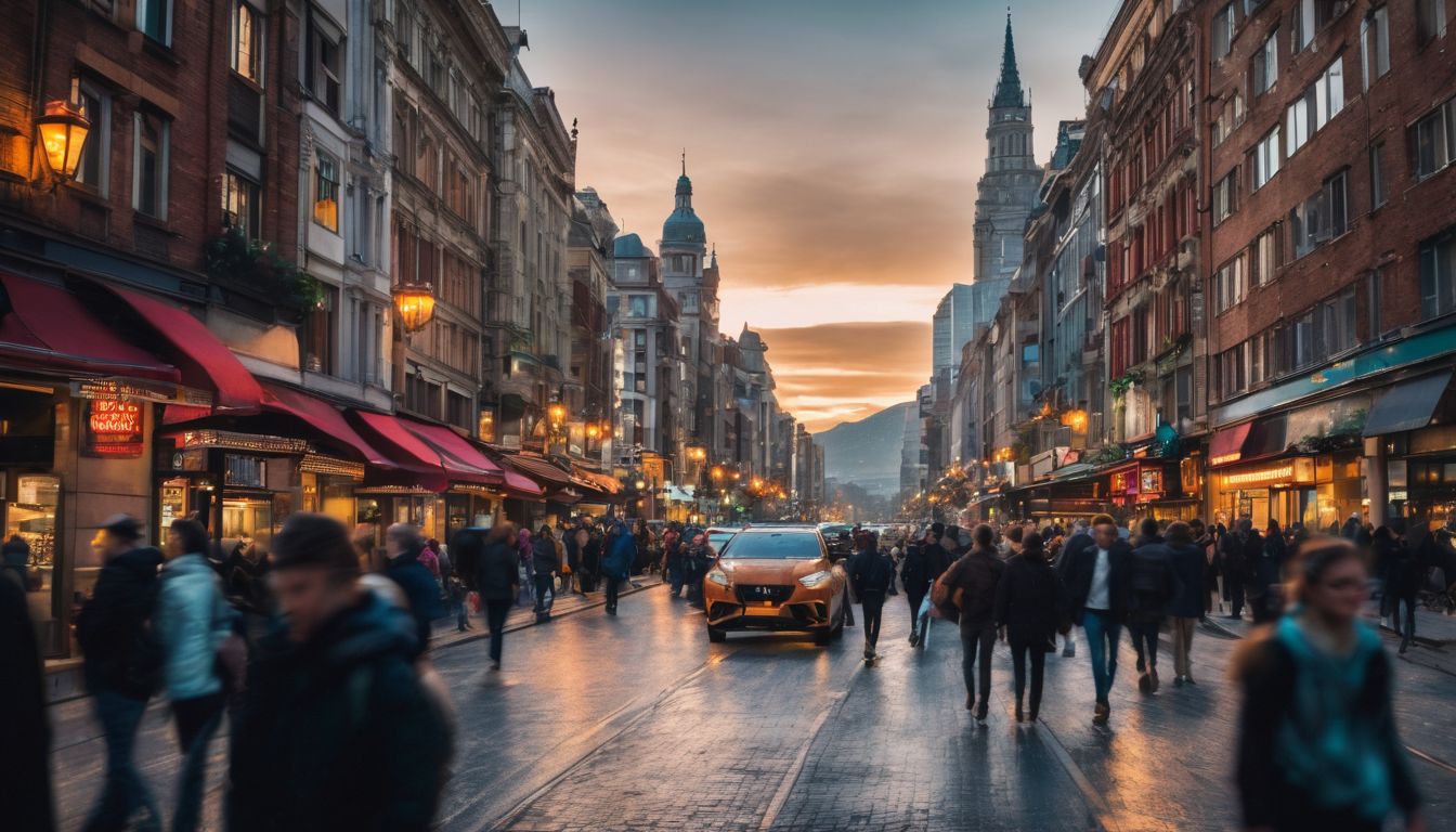 Een drukke stedelijke straat tijdens de spits, vol met mensen en verkeer. Een drukke stedelijke straat tijdens de spits, vol met mensen en verkeer.