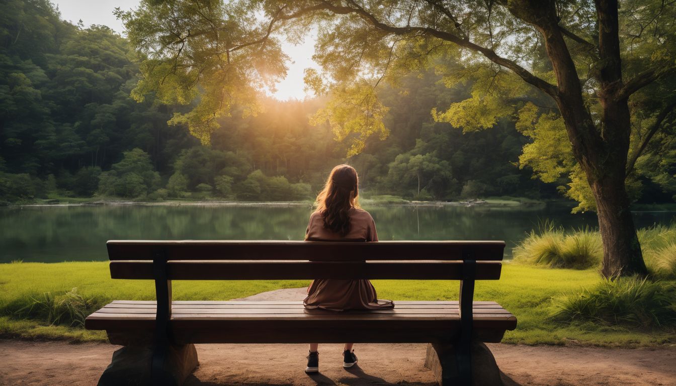 Een persoon zit alleen op een bank in een rustig park, omgeven door natuur. Een persoon zit alleen op een bank in een rustig park, omgeven door natuur.