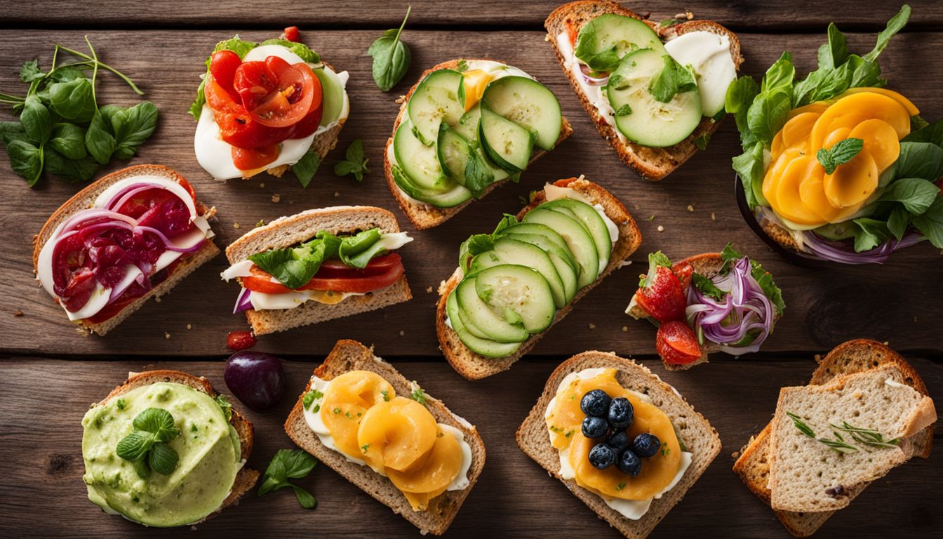 Een variëteit van kleurrijke en smakelijke vegetarische sandwich spreads op een rustieke houten tafel.