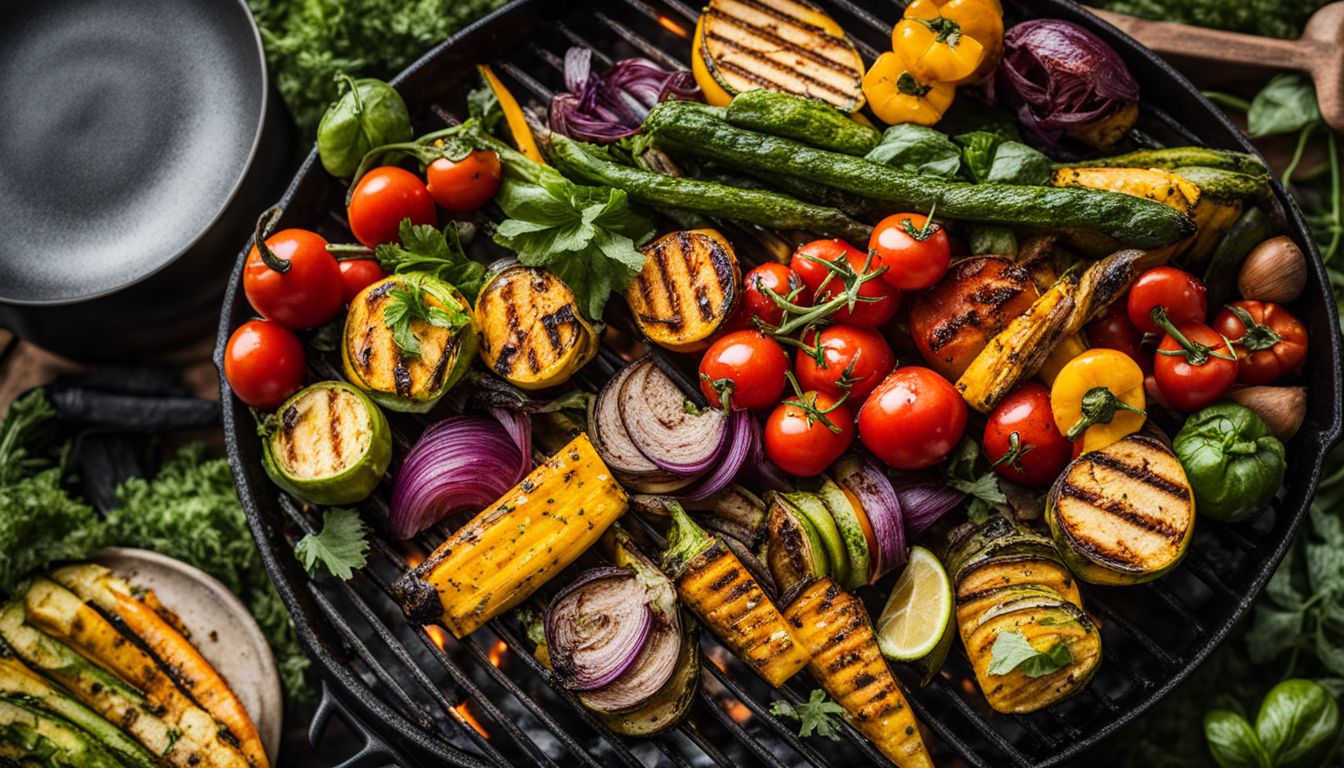 Een variatie aan gegrilde groenten op een barbecue grill, omringd door een weelderige buiten tuin.
