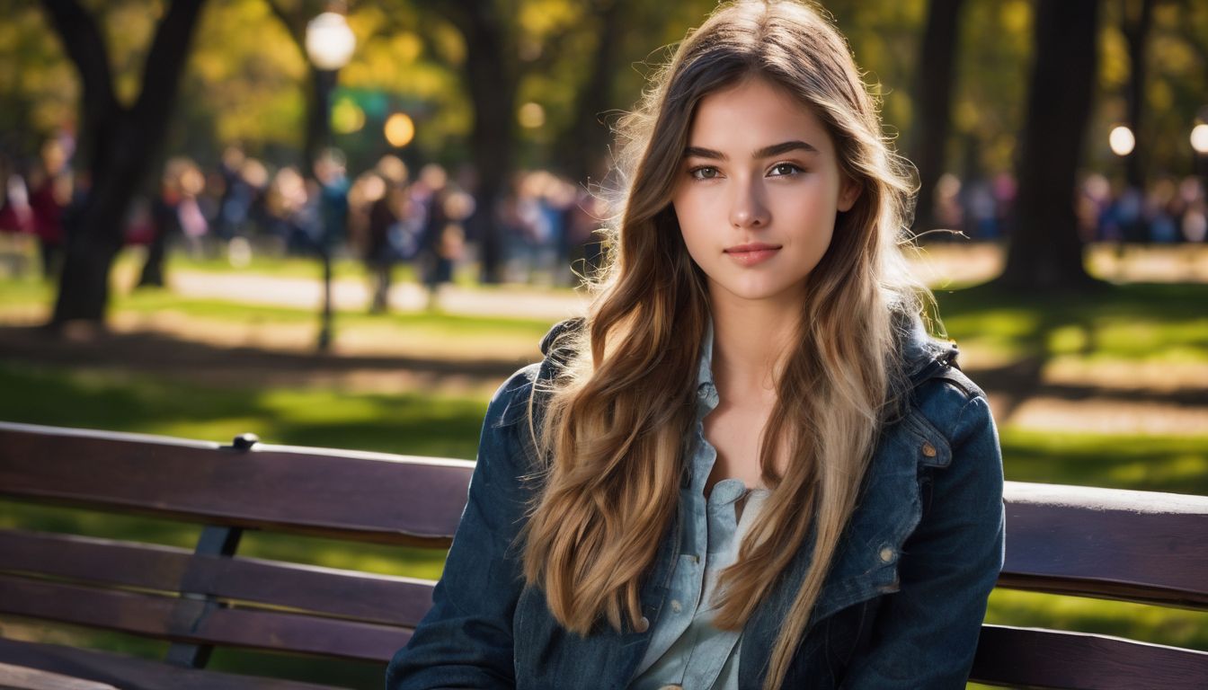 Een verlegen tiener zit alleen op een bank in een druk park. Een verlegen tiener zit alleen op een bank in een druk park.
