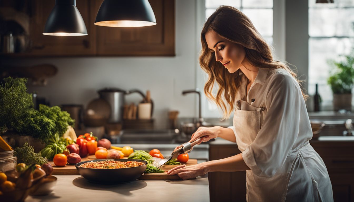 Een vrouw kookt in een schone keuken met een drukke sfeer.