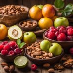 Schalen met vers fruit en noten op houten tafel.